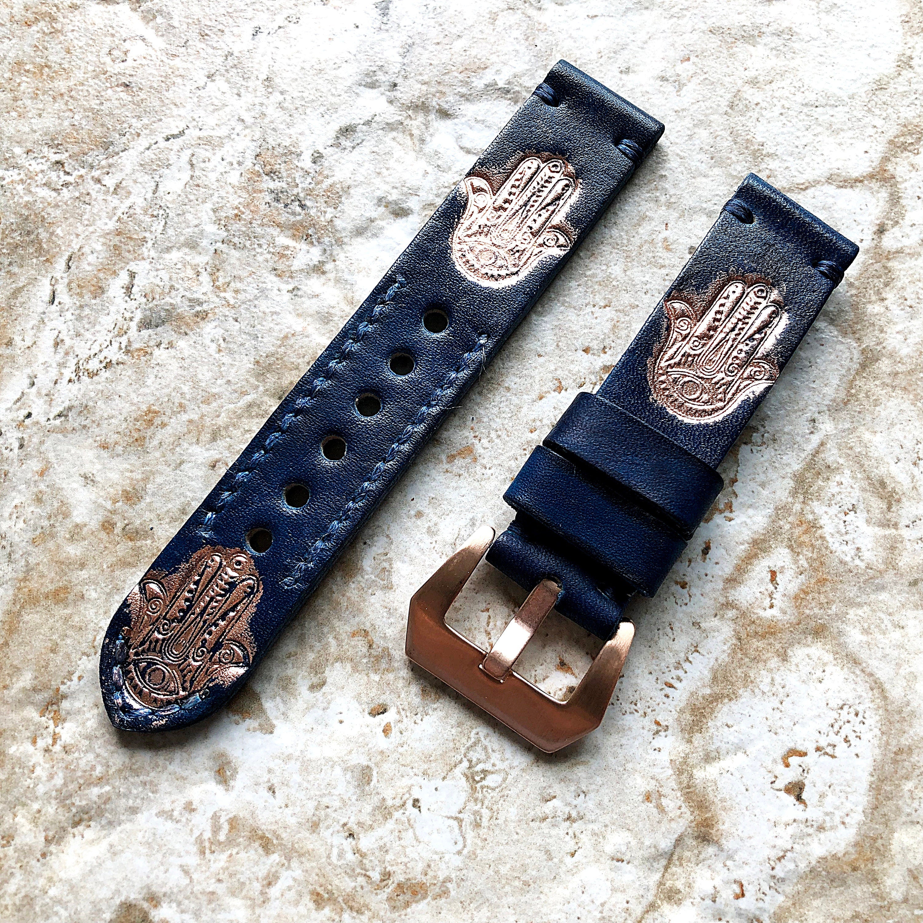 Hamsa Hamesh Band 22mm 24mm 25mm Compatible with Apple Watch Fitbit Versa 2 3 4 Sense 2 Ionic Accented Embossed Tooled Real Leather Strap